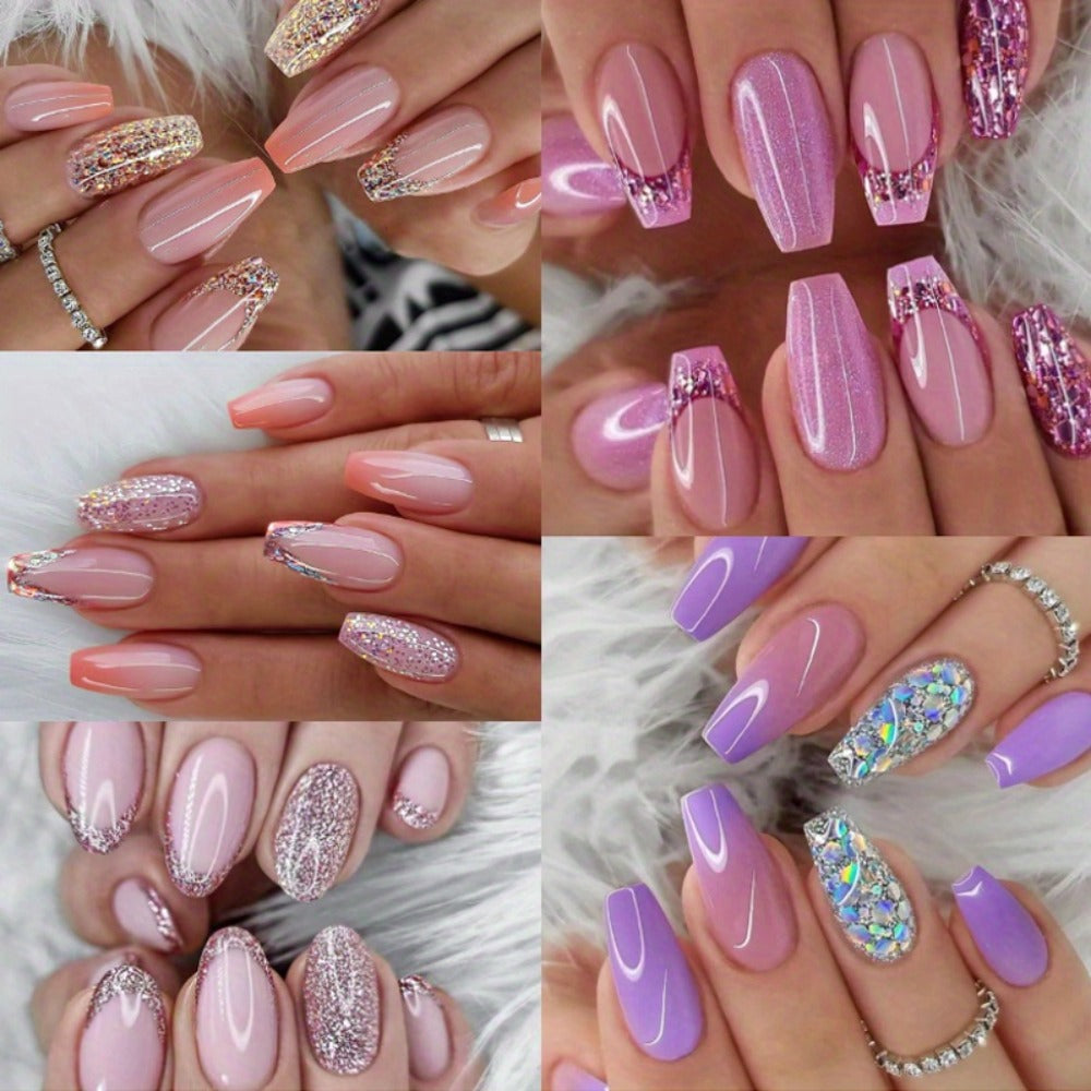 Press On Nails 120-Piece Medium Coffin Five-Pack Pinkish Purple Glitter Sequin Glossy Full-Cover Set — image 10