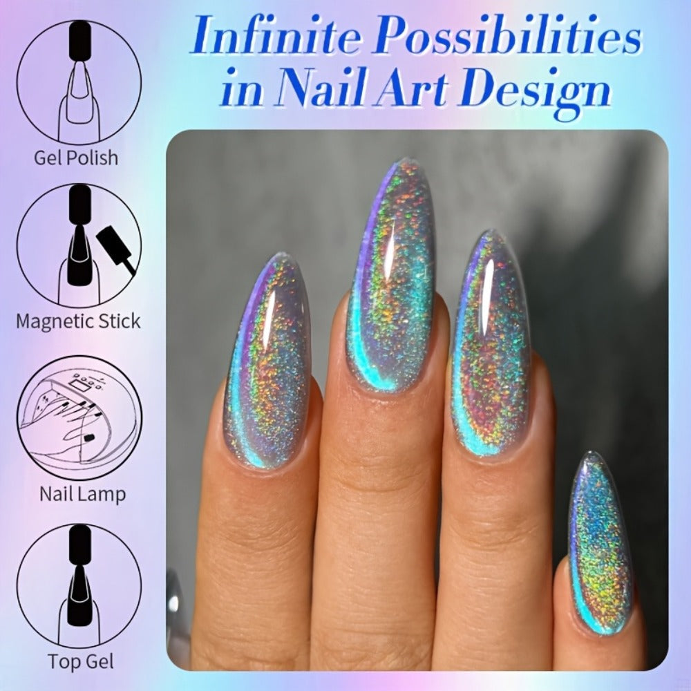 Gel Nail Polish in 10ml 9D Holographic Rainbow Cat-Eye with Magnetic Swirl and UV/LED Cure — image 2