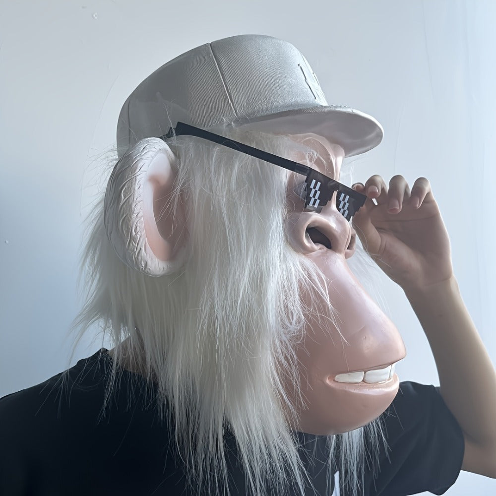 White-Haired Cartoon Ape Full-Head Costume Mask with White Cap and Pixel-Style Glasses in Two Face Styles — image 7