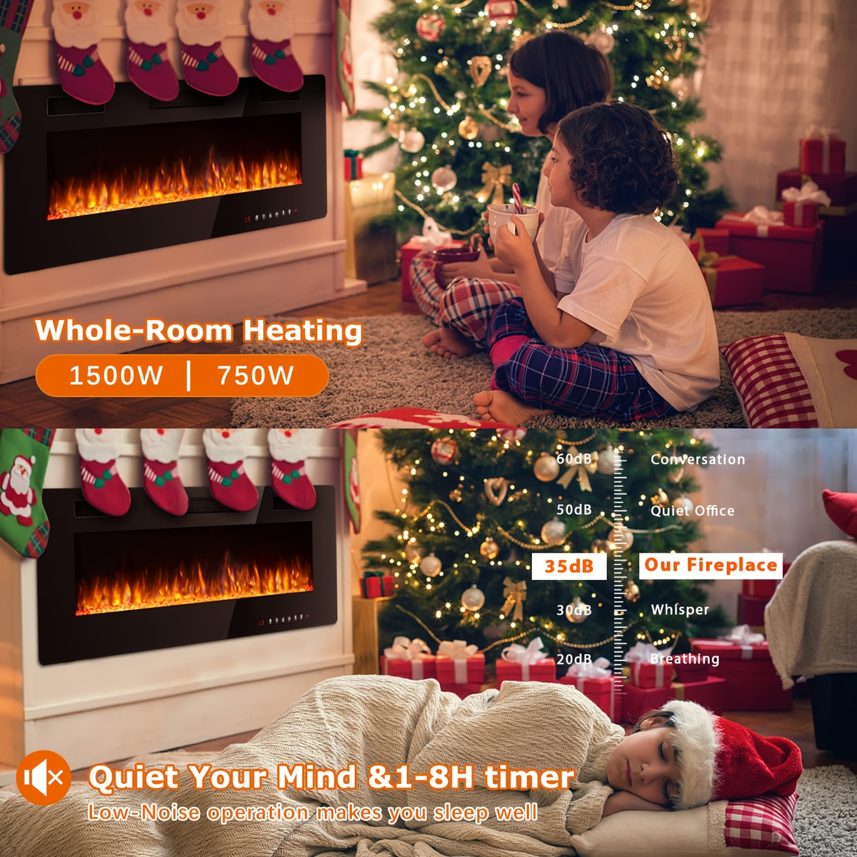 Wall Mounted Electric Fireplace Recessed In-Wall Linear Heater Multicolor Flame 750W/1500W Touch Screen for Garden, Patio and