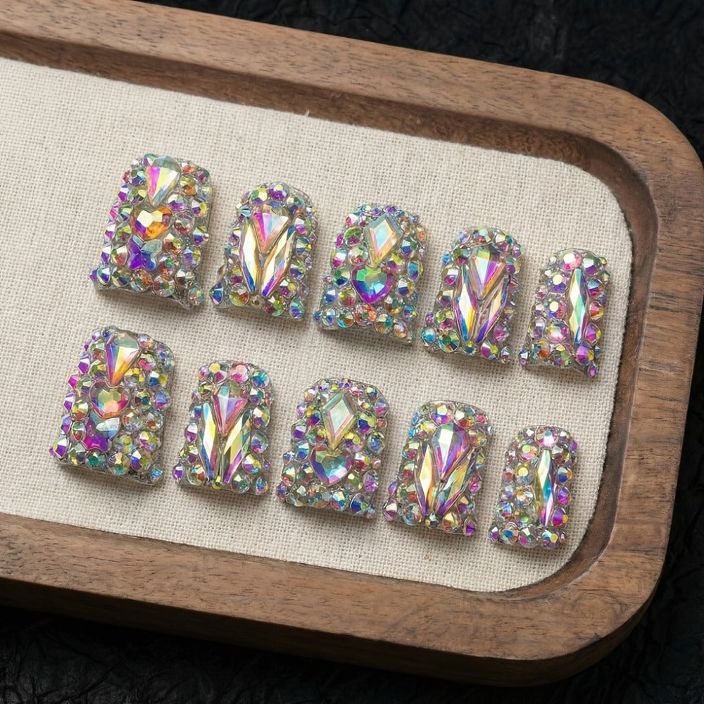 Press On Nails 10-Piece Short Duckbill Set with Glossy Mixed Colors, AB Crystals and Gel Adhesive Tabs — image 6