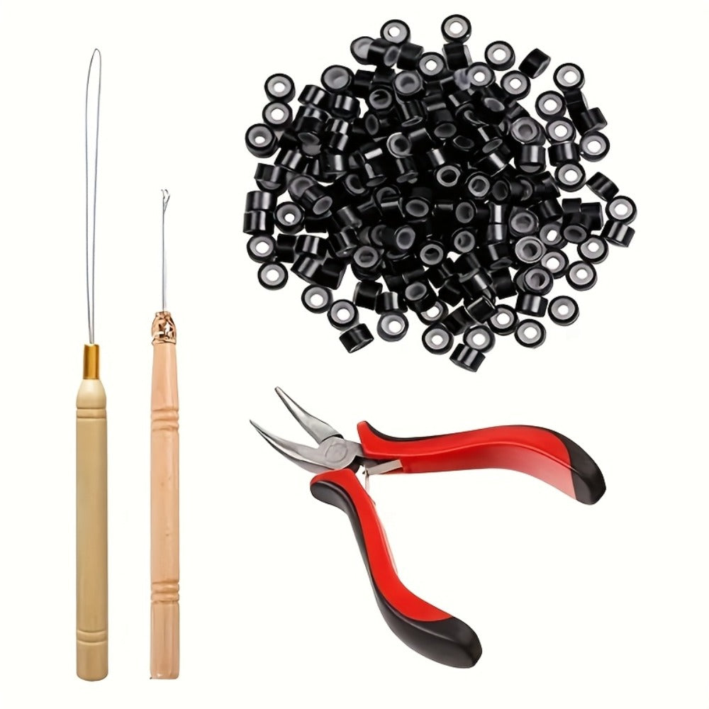 Micro Ring Hair Extension Tools Kit 1500 Rings – Complete Set with Plier, Crochet Hook, Needles, Threader, Rubber Bands, Clip