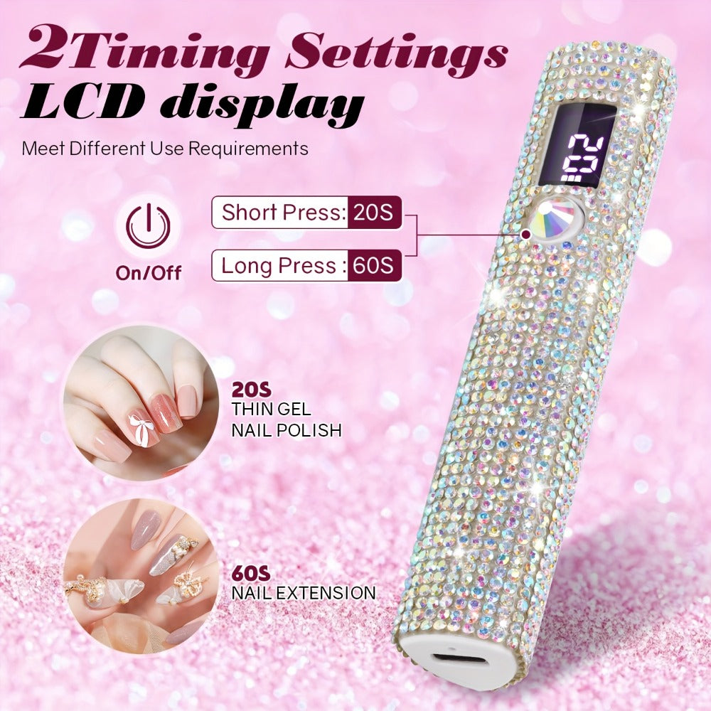 Portable LED Nail Lamp Rhinestone Design USB Rechargeable 365+405nm Quick Dry Gel Curer 20s 60s Timer LCD Display Wireless Na
