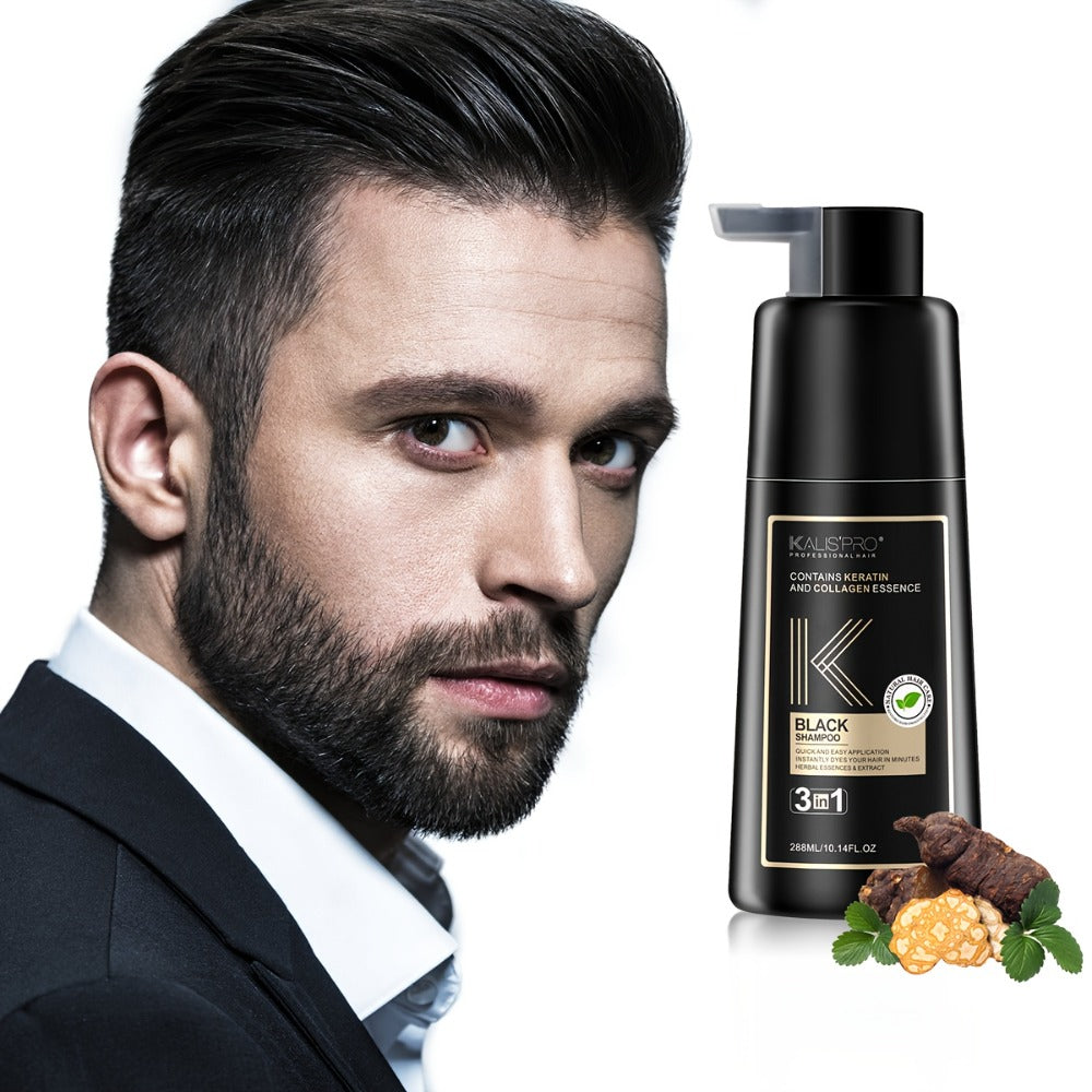 Men's 3-in-1 Black Hair & Beard Dye Shampoo, 8-Minute Gray Coverage, Ammonia-Free Natural Color — image 1