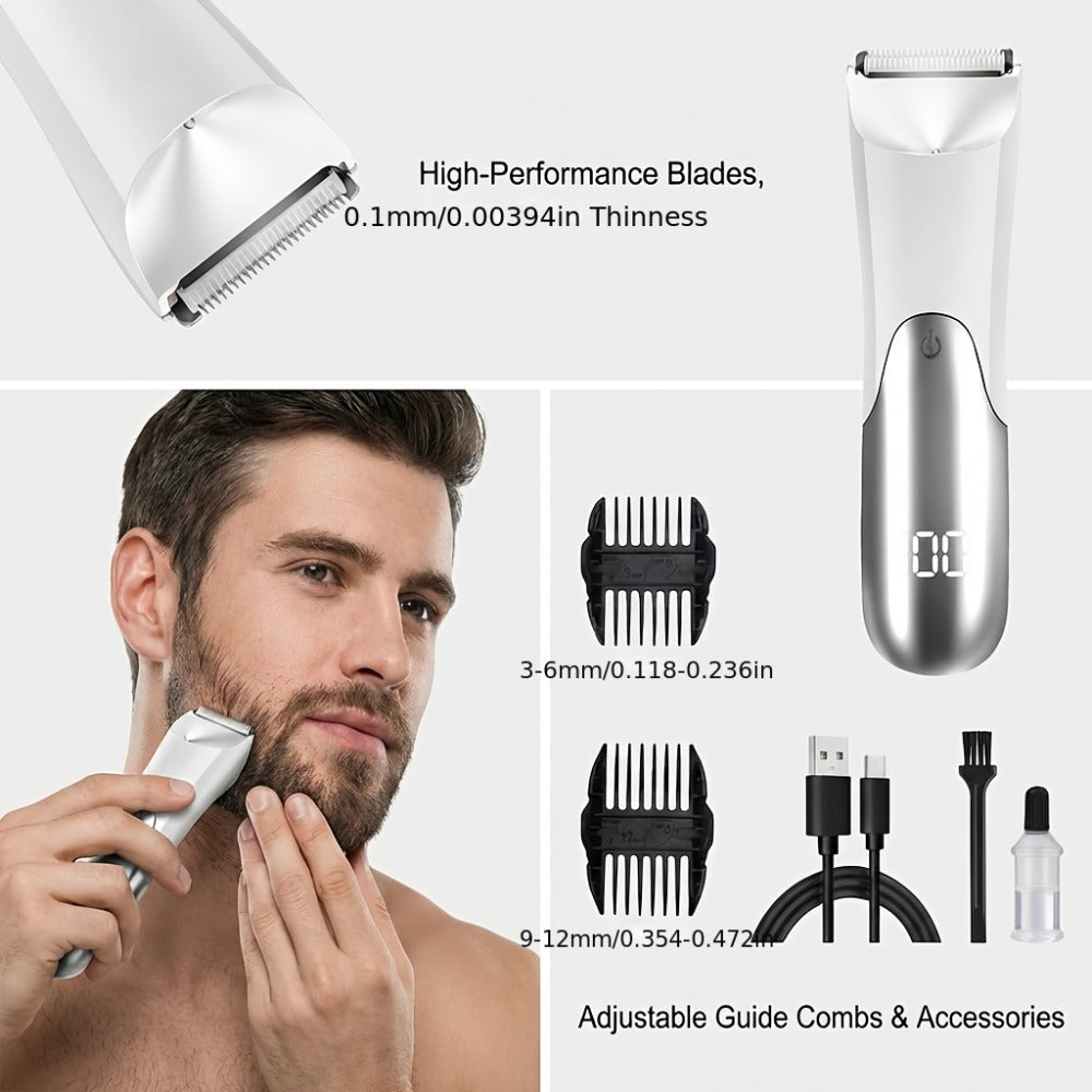 V-Shaped Ceramic-Blade Body Hair Trimmer with LCD Display, USB Cable, Guide Combs and Six Finish Options — image 12