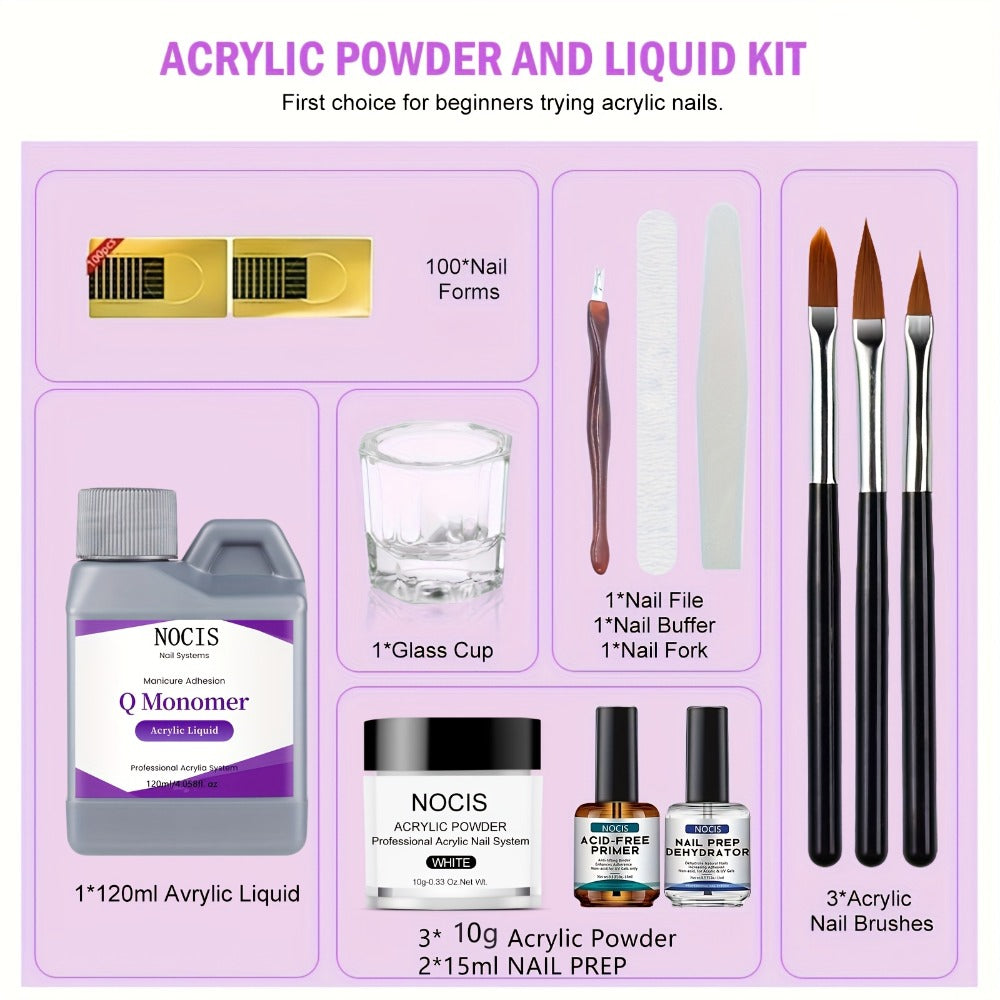 Acrylic Nail Kit NOCIS Three 10g Powders with Q Monomer, Primer, Brush Cleaner, Four Brushes and Mixing Cup — image 2