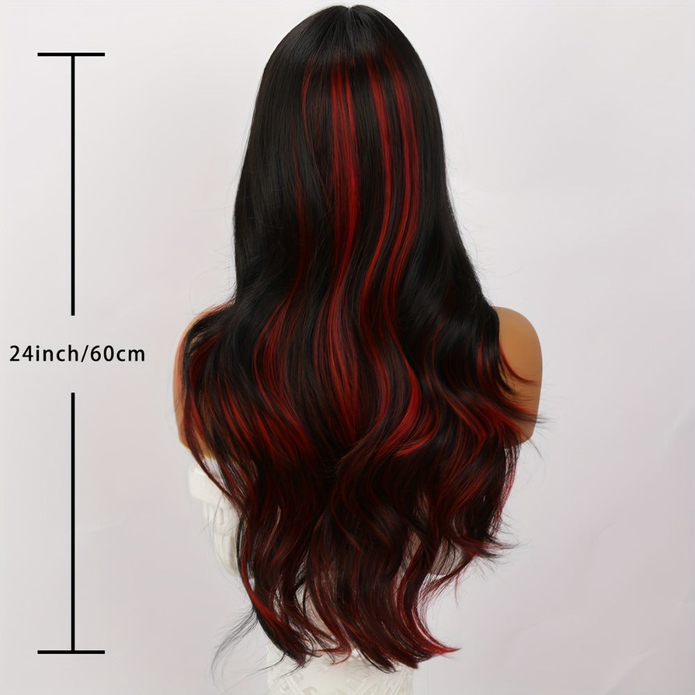 Synthetic Wig 24-Inch Straight Style with Red Highlights, A-Shape Bangs and Adjustable Rose Net Cap — image 5
