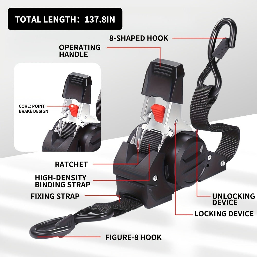 Ratchet Tie-Down Straps with Auto-Retract & Speed Control – Heavy-Duty Cargo Securing Kit with Hooks & Storage Bag | Motorcyc