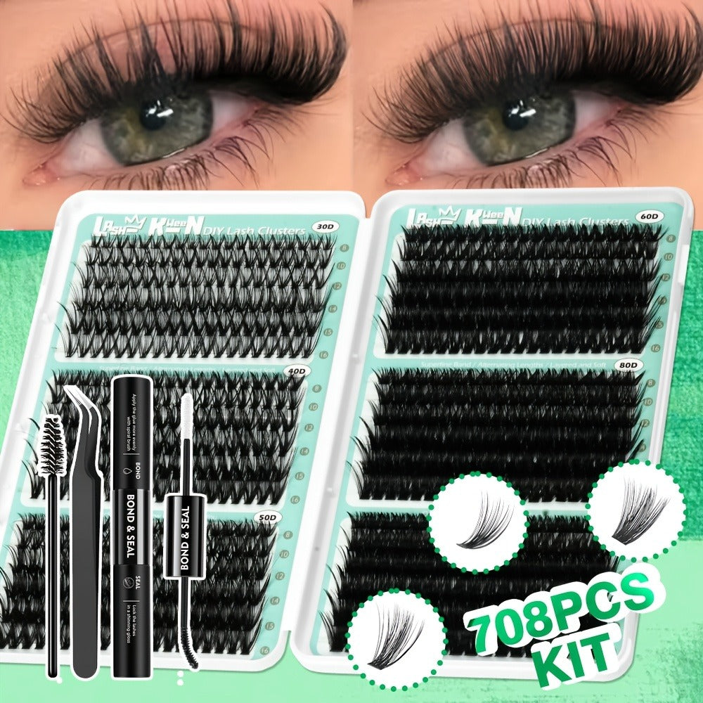 Lash Clusters Kit 708Pcs with Tweezers, Glue & Brush – Soft Silky Fiber False Eyelashes Full Voluminous DIY Lash Extension Se