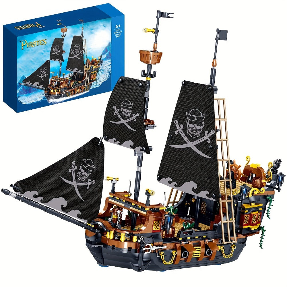 1282-Piece Pirate Ship Building Block Model with Black Sails, MY051 Checkout Code and Pictured 30.48 cm Length — image 1