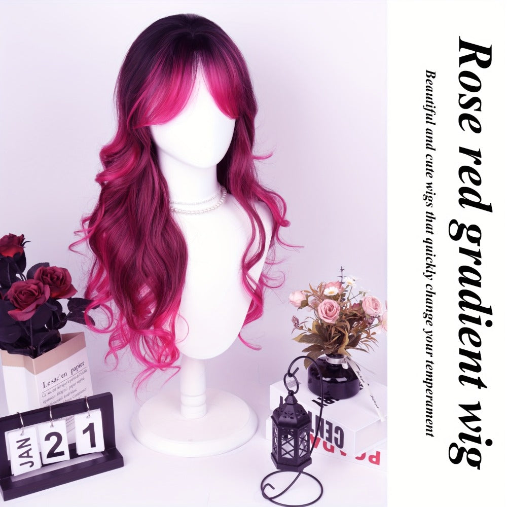 Synthetic Wig 28-Inch Rose-Red Gradient Waves with Air Bangs, 150% Density and Rose Net Cap — image 3