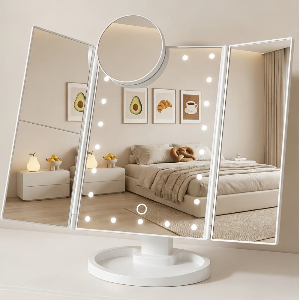 Vanity Mirror with Lights Tri-Fold 21 LED Lighted Makeup Mirror Touch Control 1X 2X 3X 10X Magnification 360 Rotation Dual Po