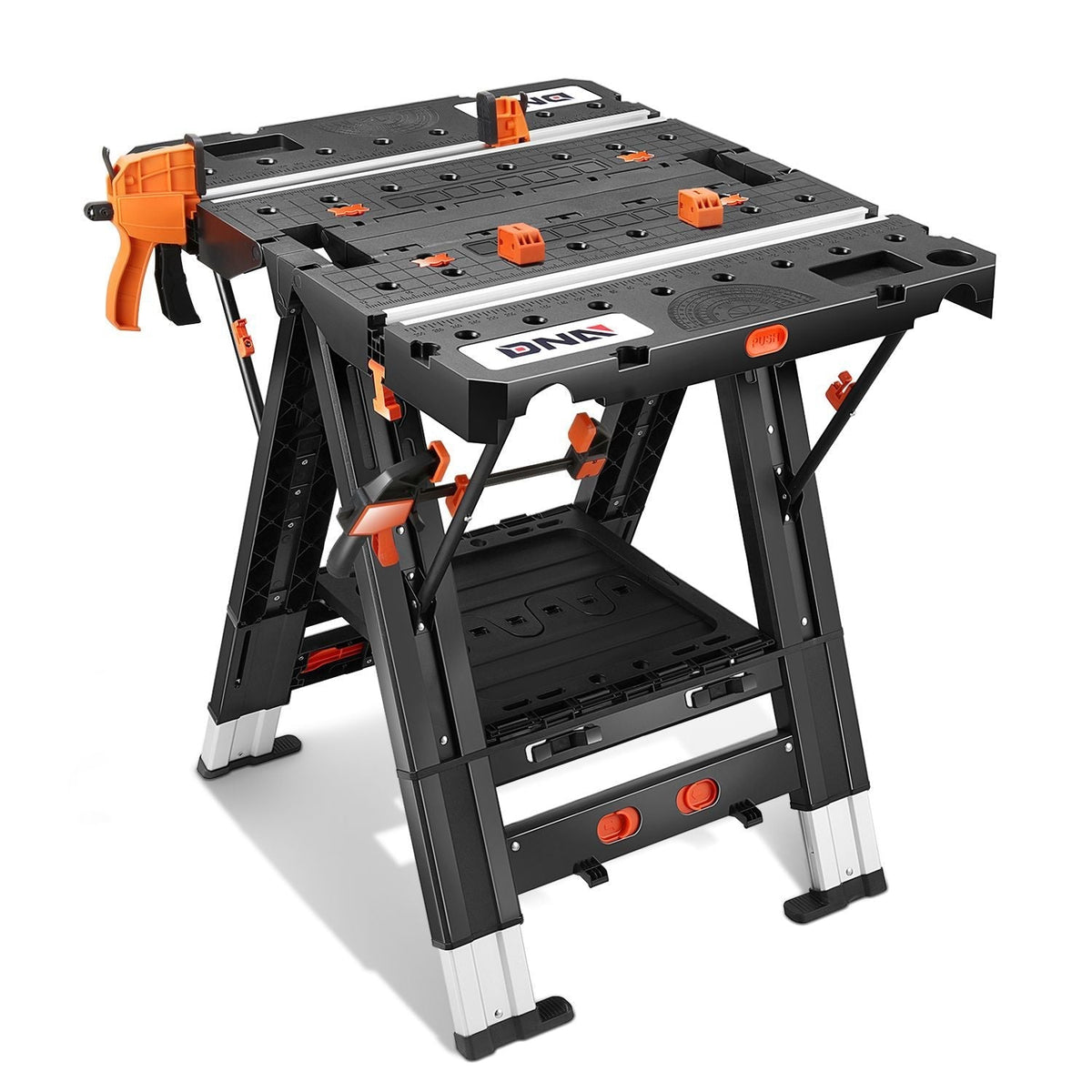 Orange-and-Black Folding 31.1 x 25-Inch Workbench and Sawhorse with Clamps, Blocks and Tool Tray — image 1