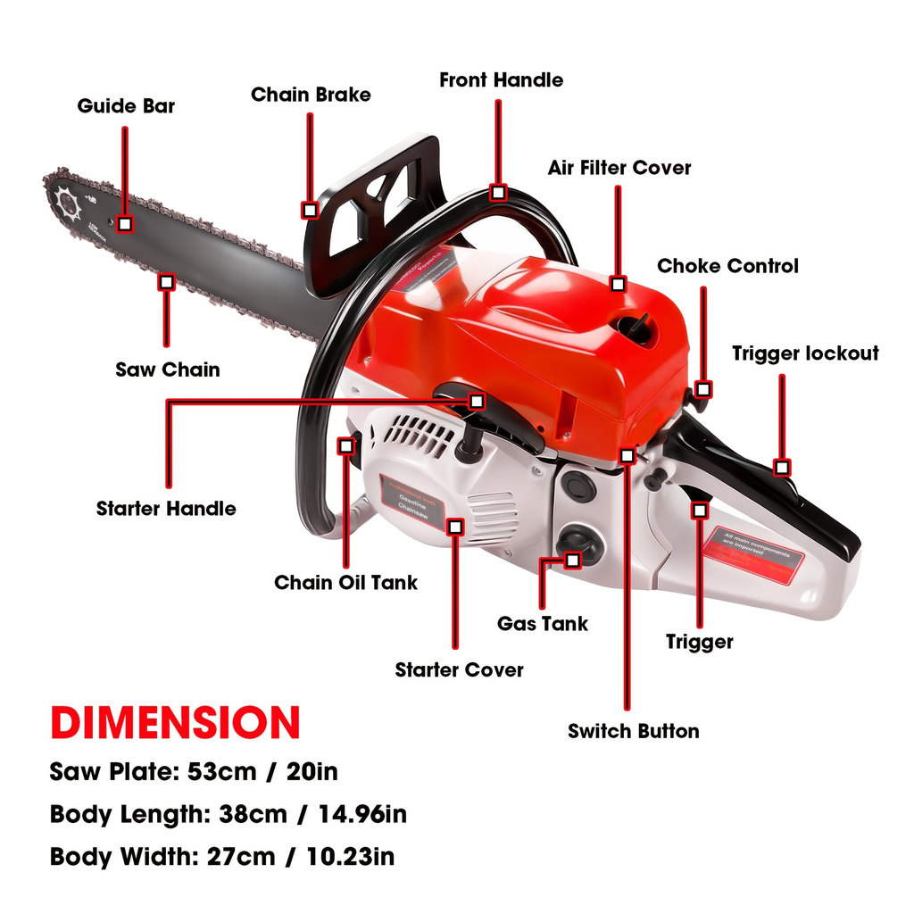 62CC Gas Chainsaw with 20-Inch Guide Bar in Five Red and Orange Checkout Configuration Options — image 11