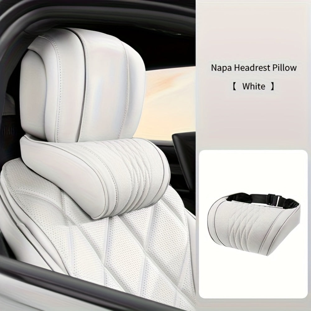 Car Neck Pillow Nappa Leather Headrest – Memory Foam Lumbar Support with Embroidery, All-Season Universal Car Interior Access
