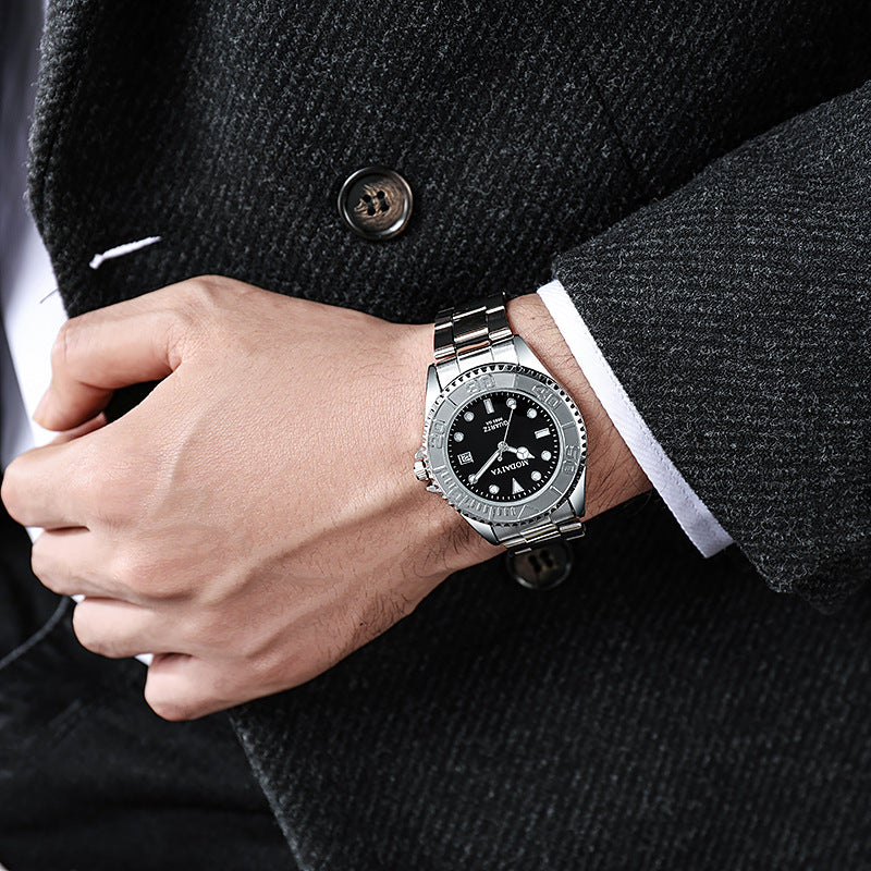 Silicone Steel Band Calendar Watch For Men Quartz Timepiece