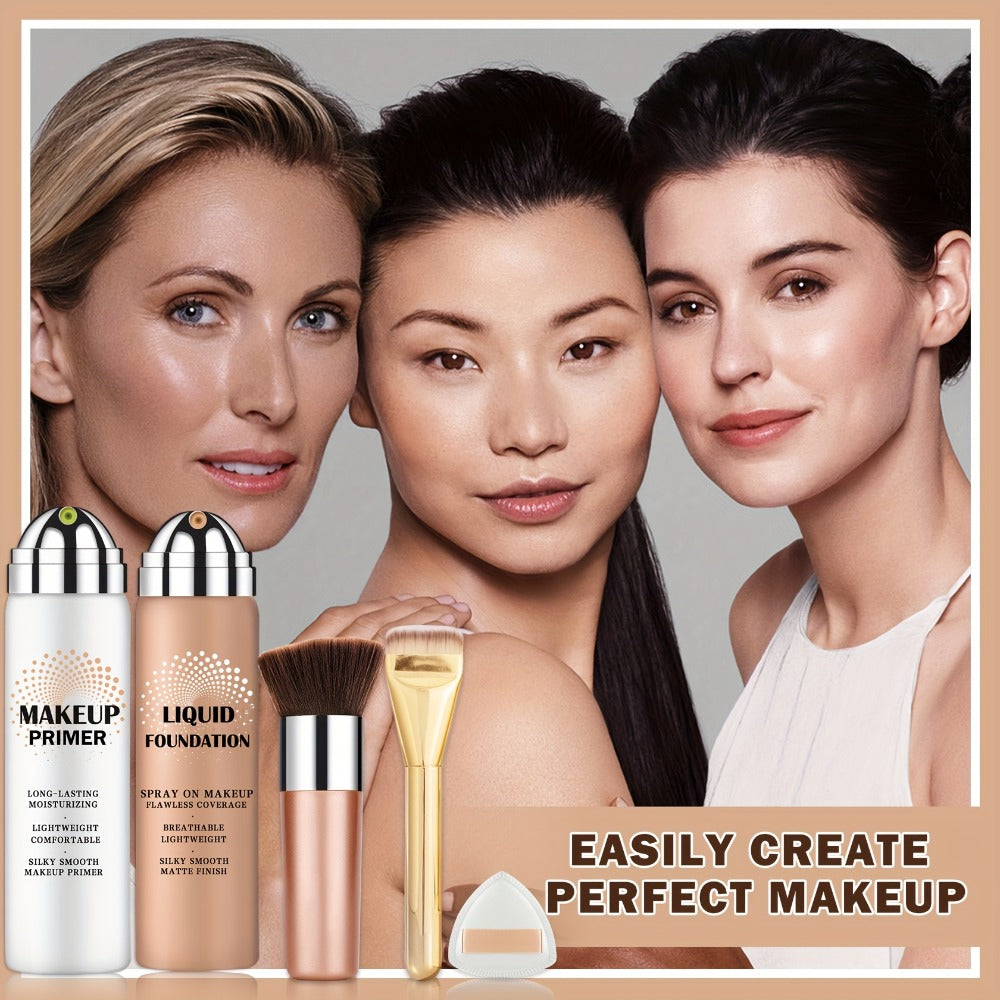 Liquid Foundation & Primer Set for Mature Skin 3-in-1 CC Cream BB Cream Silky Smooth Formula, for Makeup, Travel and Everyday