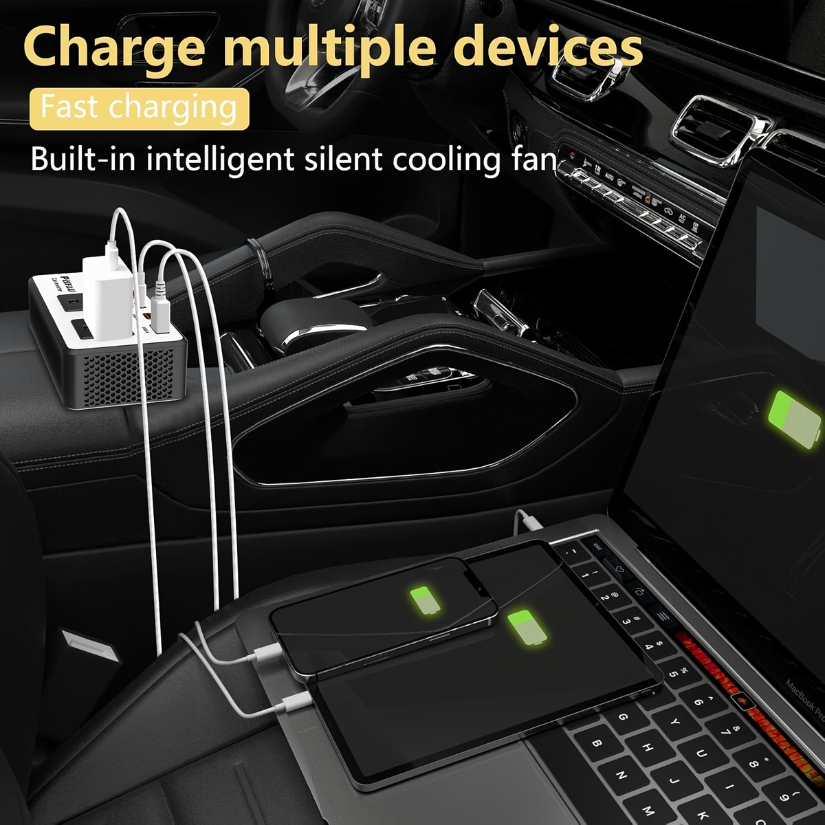 Car Inverter 200W DC 12V to AC 110V with Dual AC Outlets 24W USB-C Fast Charging 4 USB Ports Portable for Garden, Patio and Y