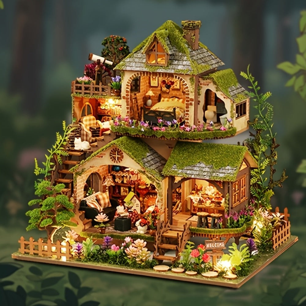 Wooden Forest Hut Miniature Model Kit with Multi-Level Cabin Scene, Lighting Details and Forest Adventures Label — image 5