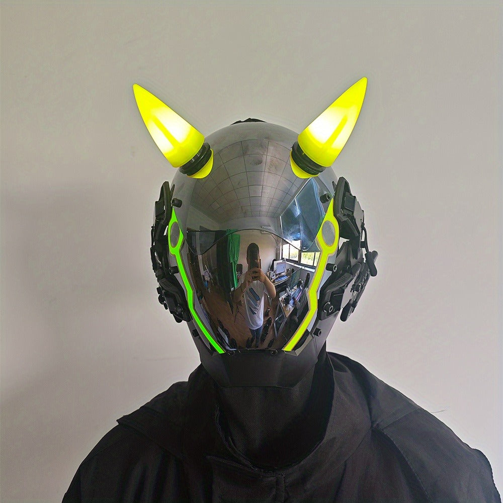 Pink LED Cyberpunk Costume Mask with Horned Full-Face Helmet, Reflective Visor and Lighted Accent Lines — image 23