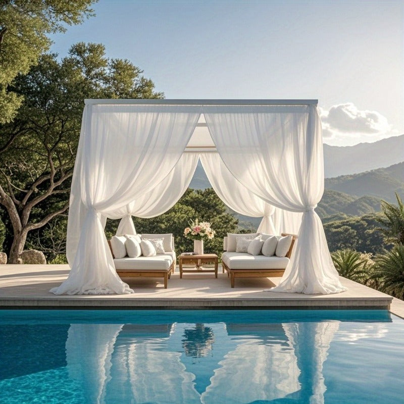Four-Piece White Sheer Outdoor Curtain Set with Rod-Pocket Top and 152 x 304 cm Panel Size — image 1