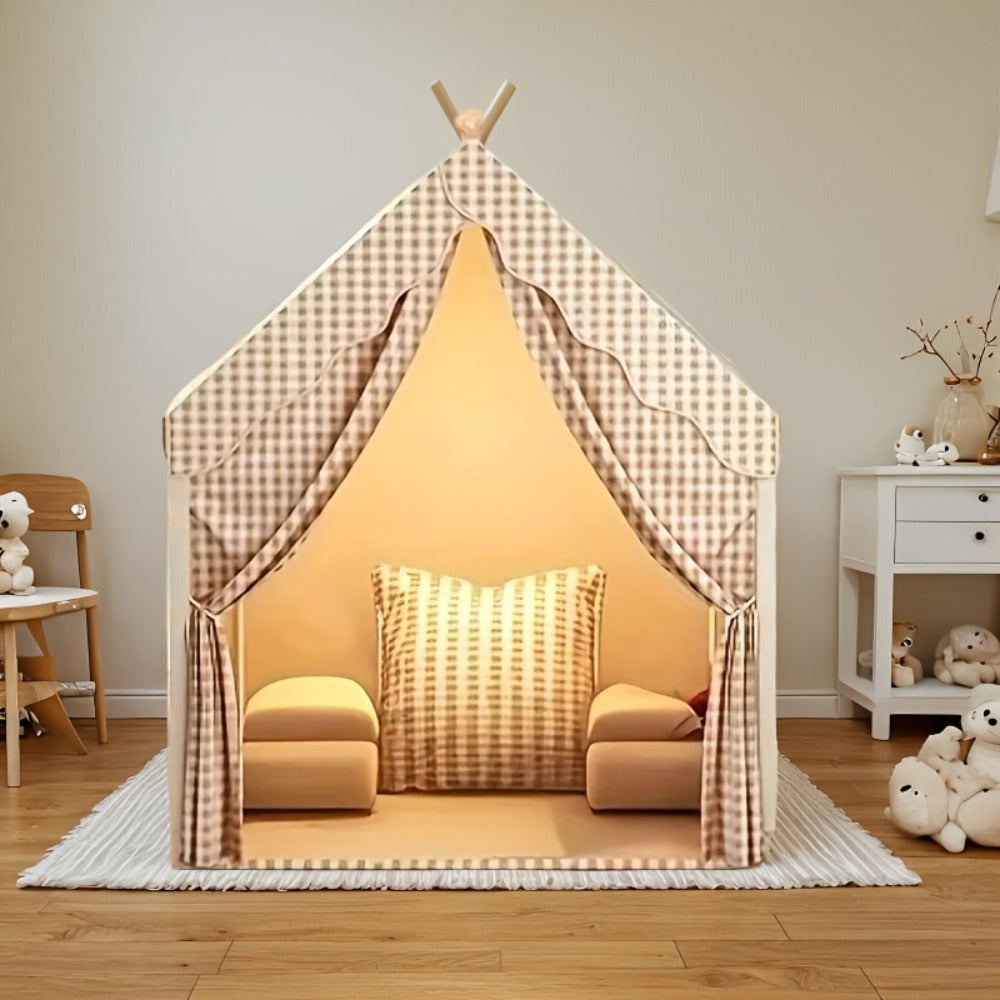 Kids Play Tent Cabin Style for Indoor Outdoor – Checked Polyester Playhouse for Toddlers Ages 2-6, Imaginative Role Play Pret