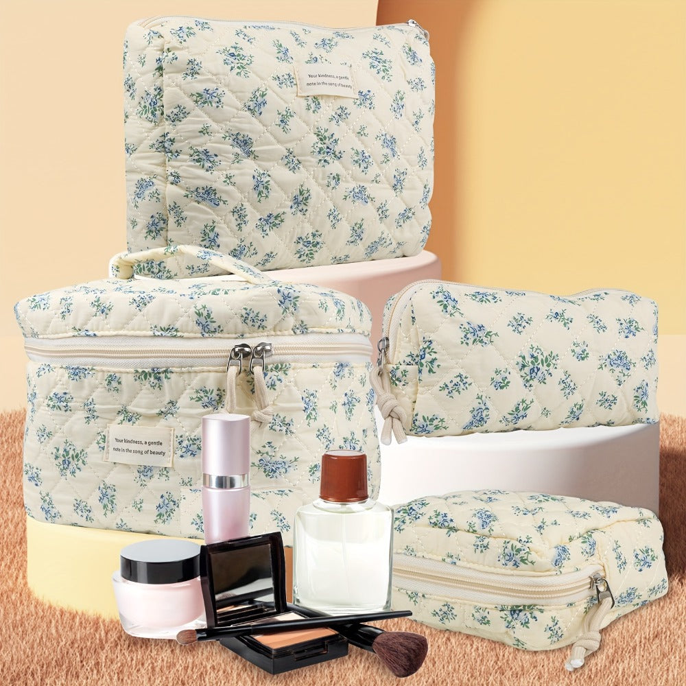 Makeup Bag Four-Piece Quilted Cotton Floral Pouch Set in Five Styles for Travel, Vanity and Everyday Beauty Storage — image 1