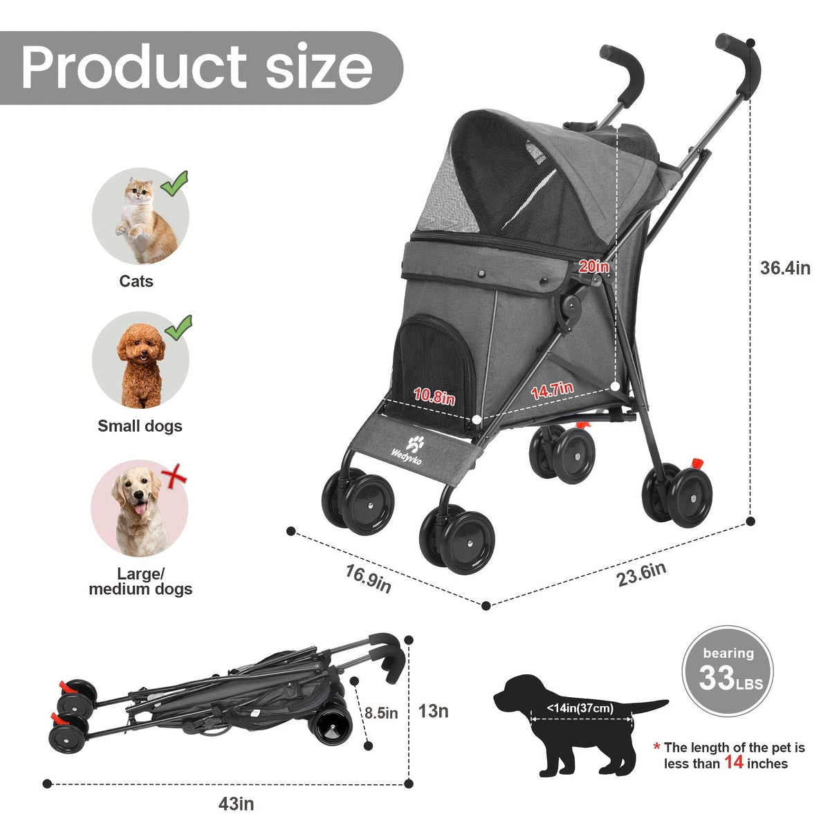 Compact Four-Wheel Pet Stroller with Dual Handles, Mesh Canopy, Lower Basket and Five Color Options — image 2