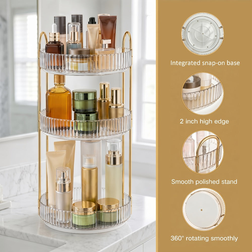 Three-Tier Rotating Makeup Organizer with 360-Degree Base in Green, Amber or Transparent Finish — image 7
