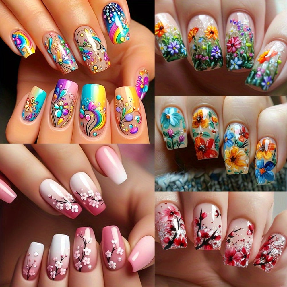 Press On Nails 120-Piece Medium Square Set with Glossy Floral and Striped Designs in Five Packs — image 2