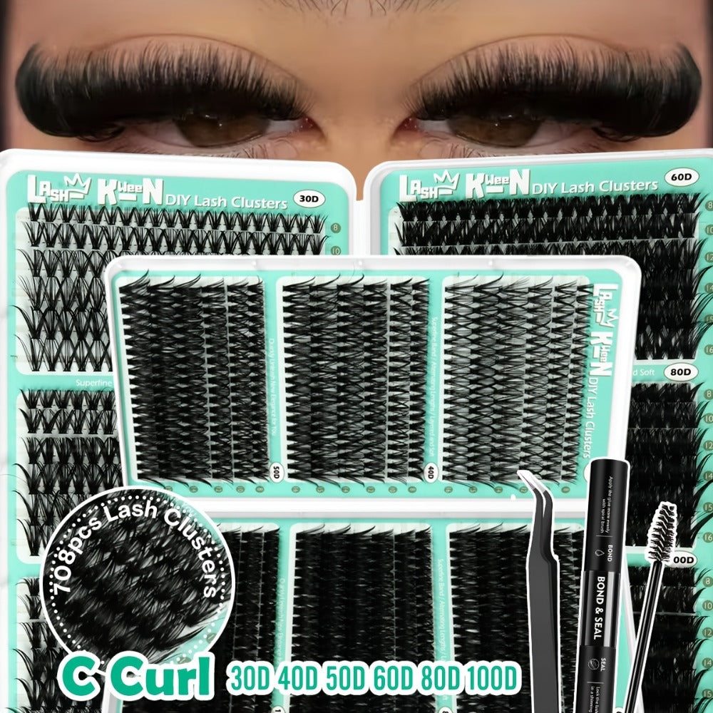 Lash Clusters Kit 708Pcs with Tweezers, Glue & Brush – Soft Silky Fiber False Eyelashes Full Voluminous DIY Lash Extension Se