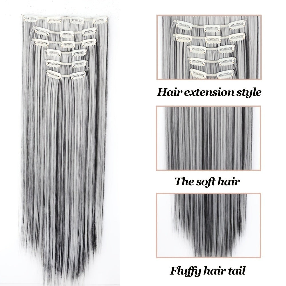 Hair Extensions Straight 24-Inch Synthetic Clip-In Set with Six Wefts in Black or Space Gray — image 8