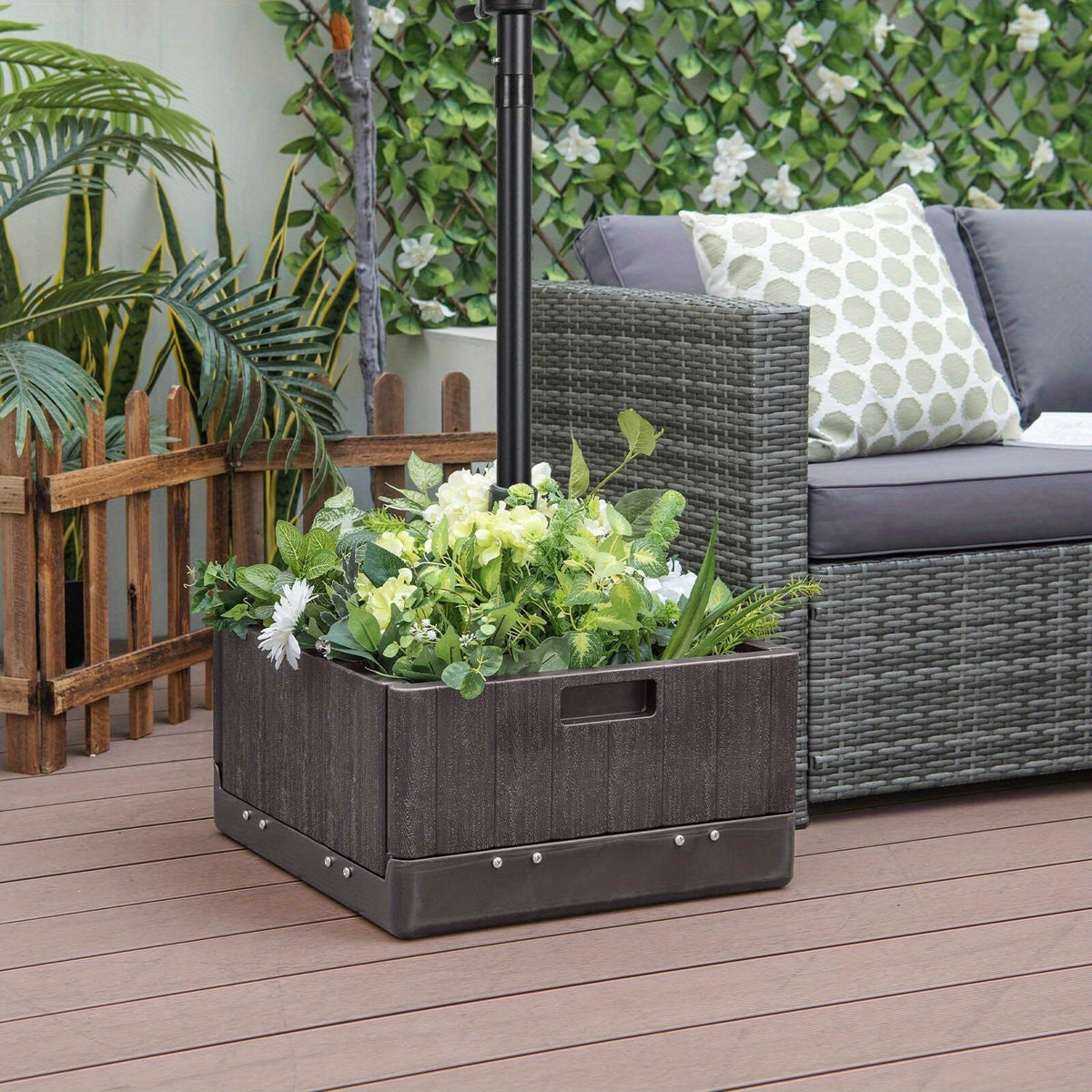 Patio Umbrella Base 3-in-1 Fillable with Table Tray & Planter Box Wheeled Stand Fits 1.5"/1.9" Poles for Garden, Patio and Ya