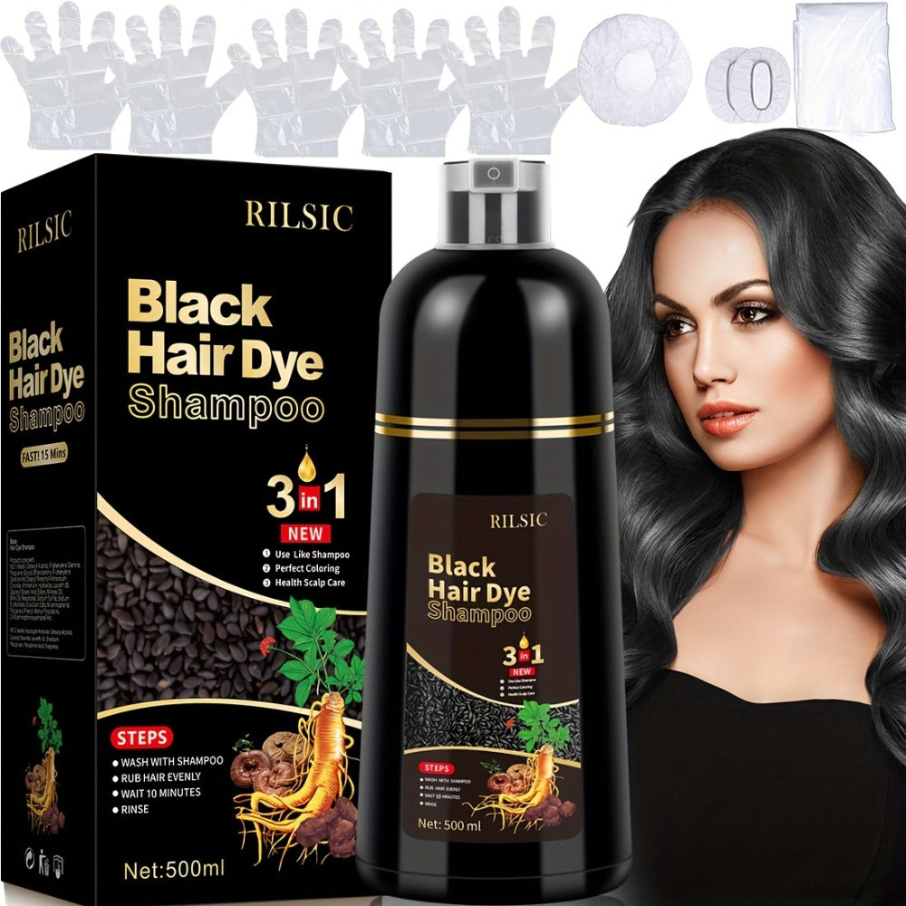 Hair Dye Shampoo, RILSIC 500ml Black 3-in-1 Single Bottle with Pump Dispenser for At-Home Color Application — image 1