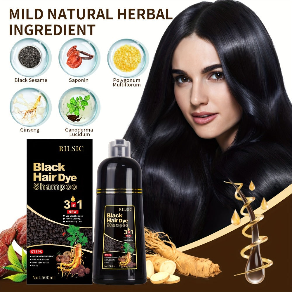 Grey Hair Dye Shampoo 3-in-1 Natural Plant-Based Herbal Formula – Non-Stick Scalp, Covers White Hair in Minutes, 500ml – Blac
