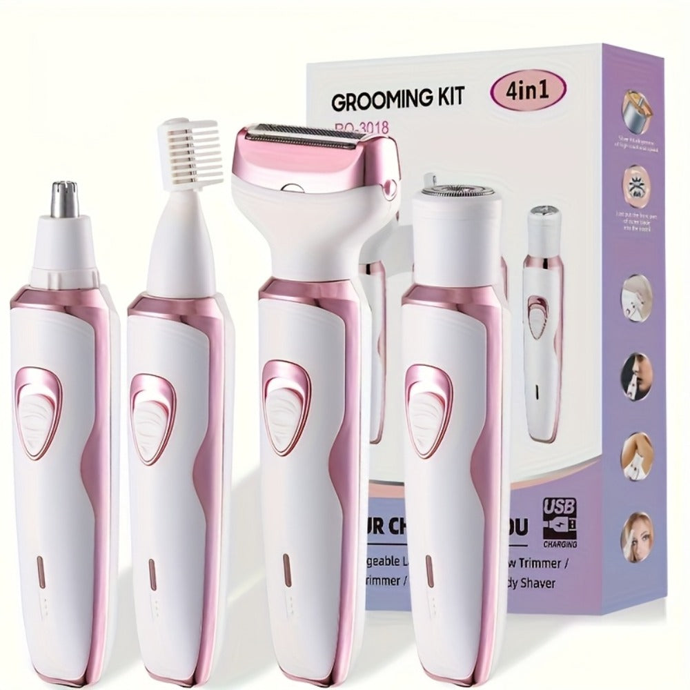 Electric Shaver for Women 4-in-1 Rechargeable Grooming Kit – Painless Hair Remover Eyebrow Trimmer Nose Hair Bikini Trimmer —