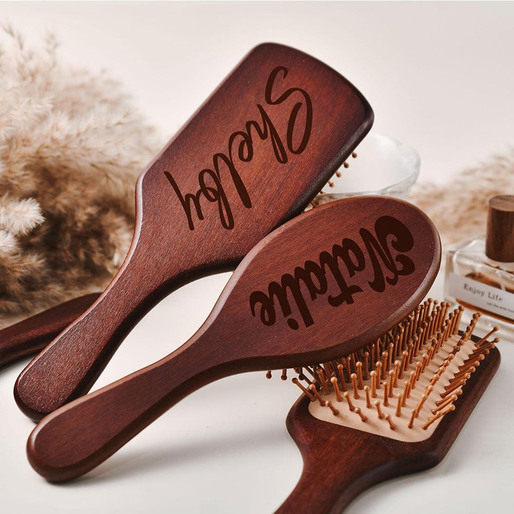 Personalized Engraved Wooden Hairbrush Custom Curly Styling Brush Square Oval Shape Gift, for Home, Travel and Salon Hair Sty