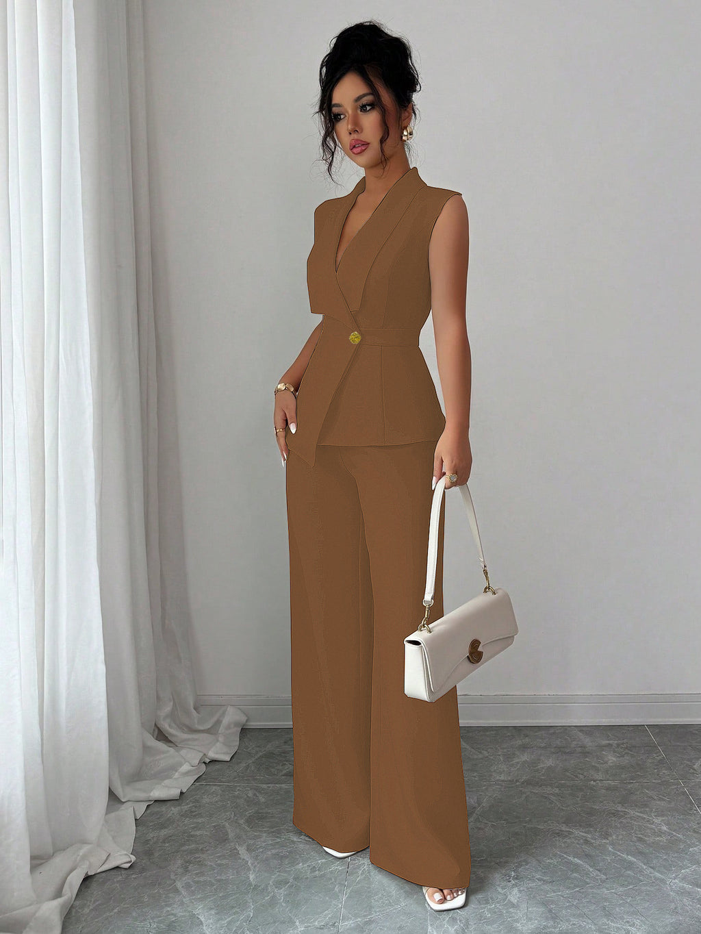 Solid Color Vest Straight-leg Trousers Suit For Women