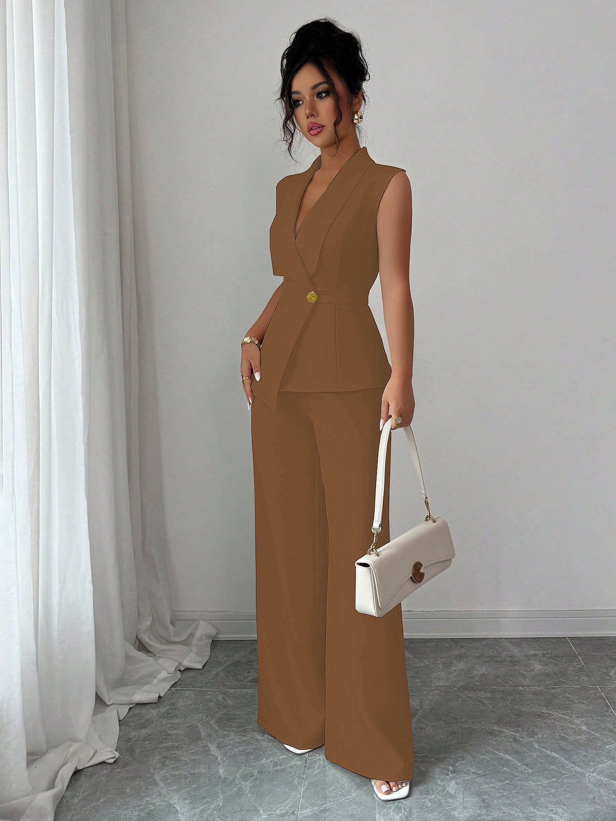 Solid Color Vest Straight-leg Trousers Suit For Women