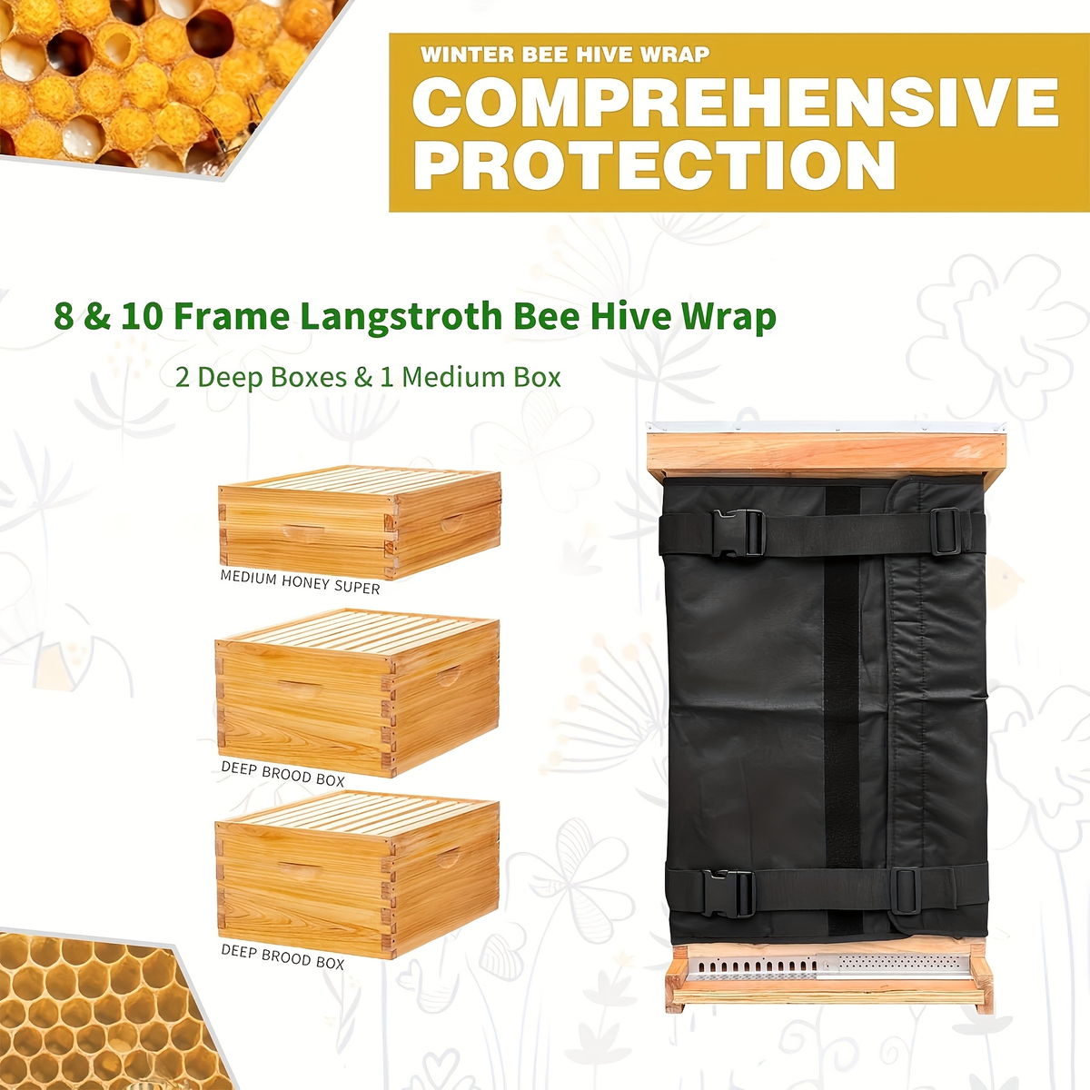 Black Beehive Winter Insulation Wrap with Adjustable Buckle Straps in 192 x 40 or 60 cm Sizes — image 7