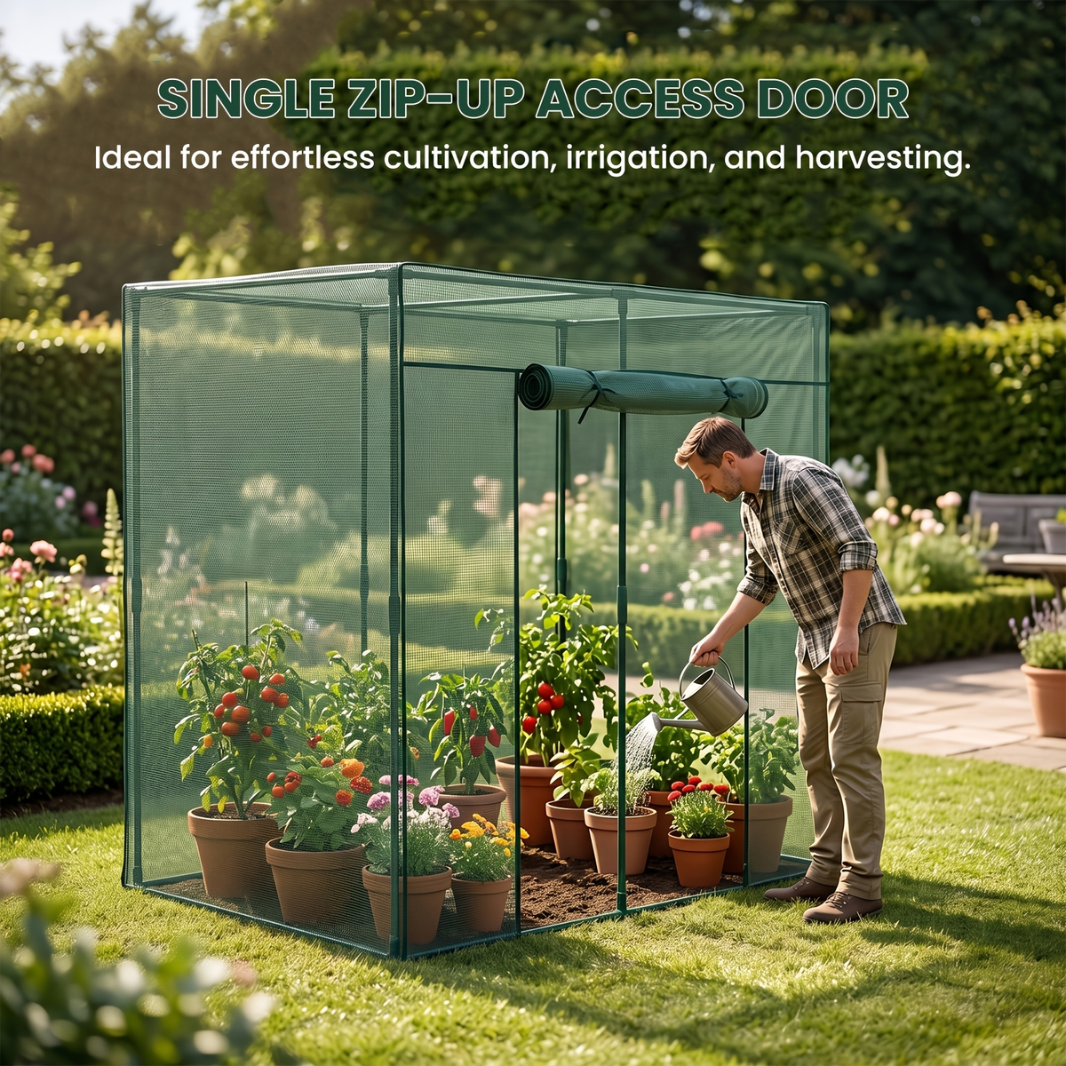 Plant Protection Tent Crop Cage with Zippered Door & Square Frame, Raised Garden Bed Cover Wind-Resistant for Outdoor Vegetab