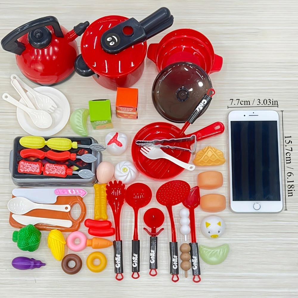 Pretend Play Kitchen Set for Kids, 51PCS Toy Cooking Utensils, Tableware & Play Food for Home Cooking, Dining and Outdoor Mea
