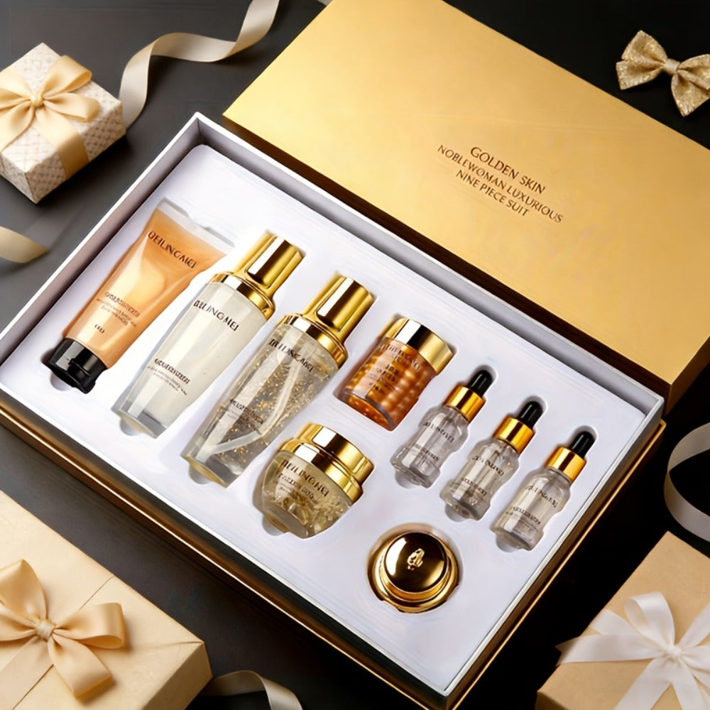 Skincare Gift Set for Women 9pcs Golden Luxury Kit, Niacinamide Collagen Hyaluronic Acid Daily Facial Care Premium Birthday H