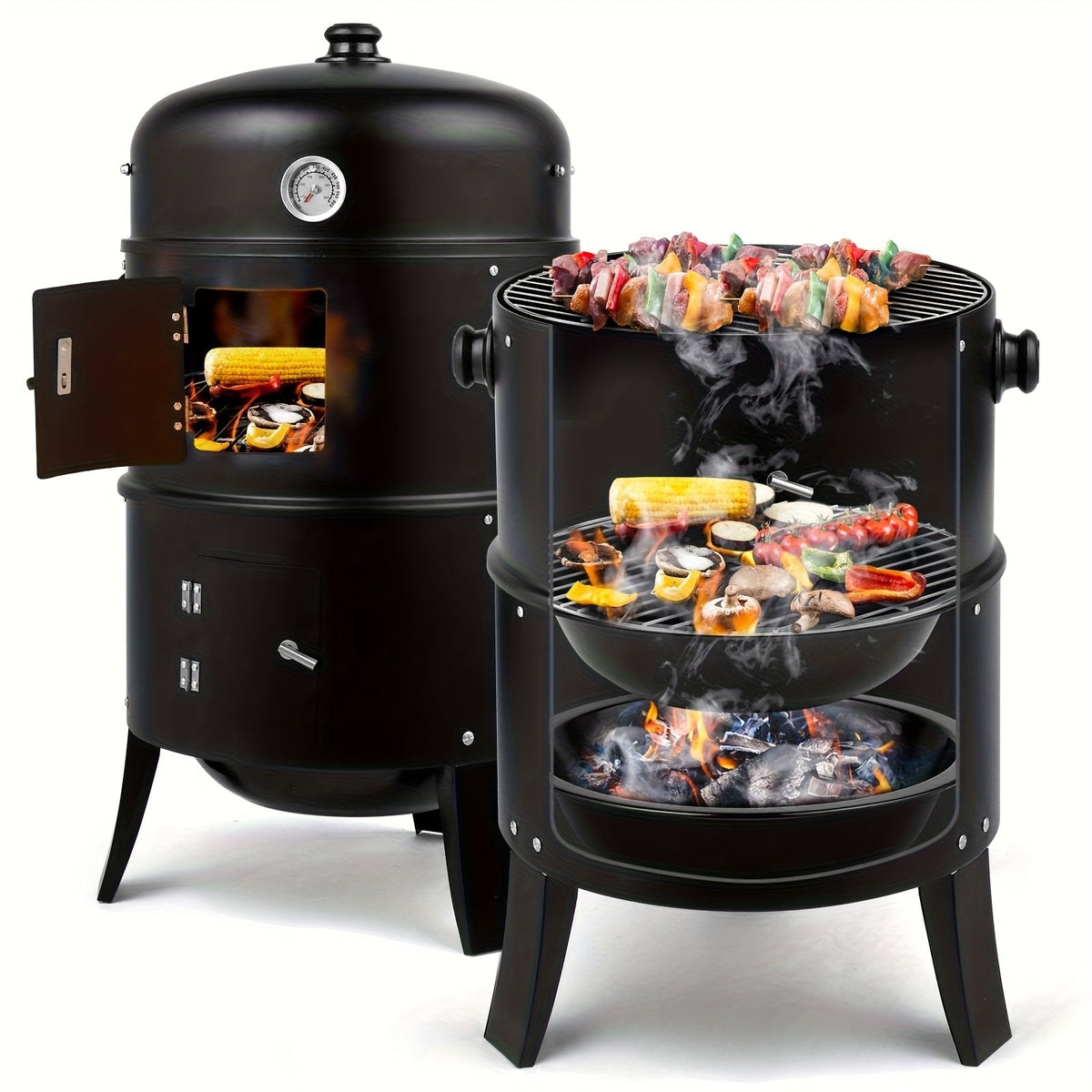 3-in-1 Barrel Charcoal Grill and Smoker with Two Access Doors, Top Vent, Thermometer and Upgrade Option — image 1