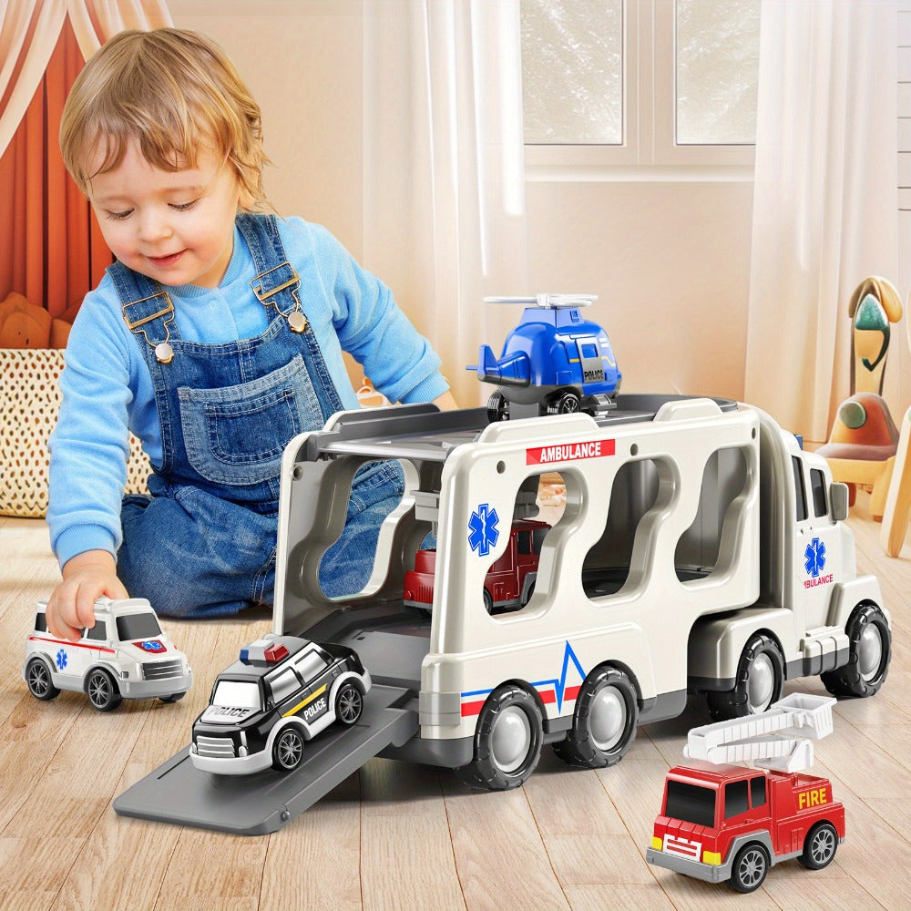 Ambulance Truck Toy 5-in-1 Carrier Set with Lights & Sounds, Friction Power Emergency Vehicle Playset for Kids Boys Ages 3+ —