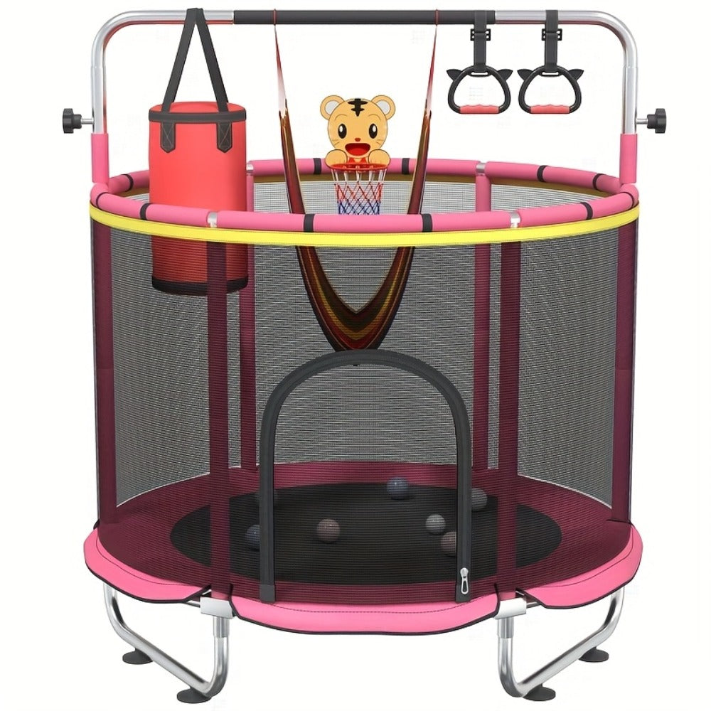 60 Inch Trampoline with Enclosure and Gymnastics Bar, Height Adjustable Indoor Outdoor Round Trampoline with Toys for Kids — 