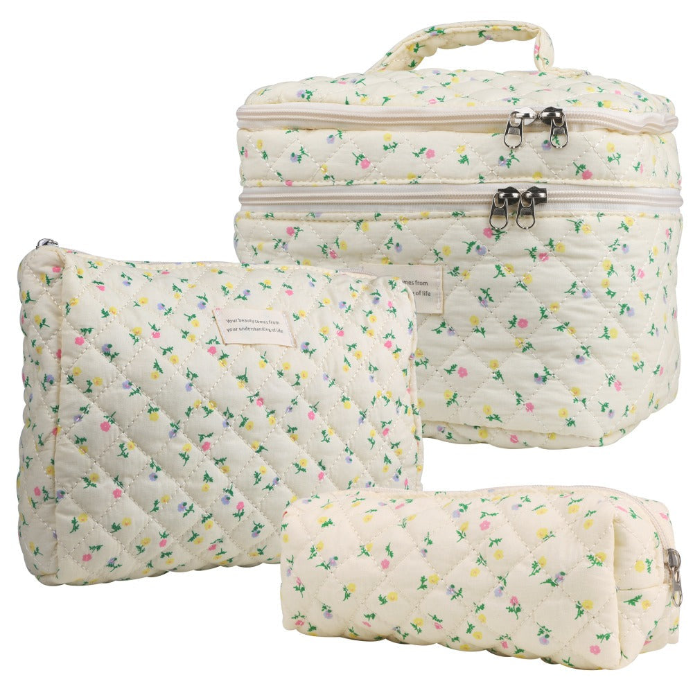 Quilted Floral Makeup Bag Set 3PCS Large Capacity Dual Layer Cotton Cosmetic Bags Coquette Aesthetic Travel Toiletry Organize