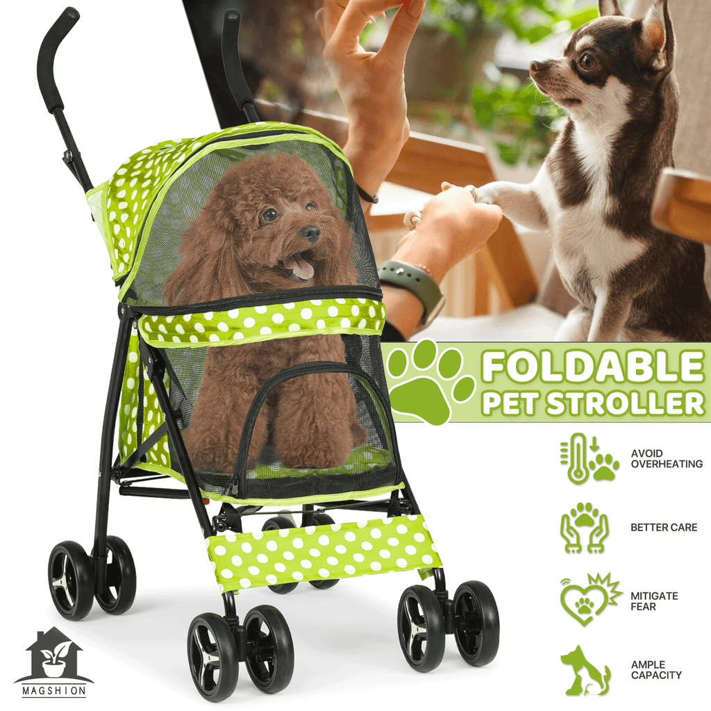 Four-Wheel Pet Stroller with Mesh Cabin, Folding Frame, Lower Basket and Ten Color or Print Options — image 23