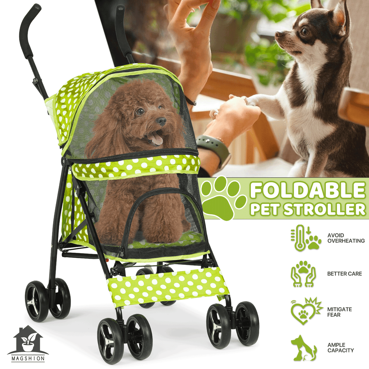 Four-Wheel Pet Stroller with Mesh Cabin, Folding Frame, Lower Basket and Ten Color or Print Options — image 23