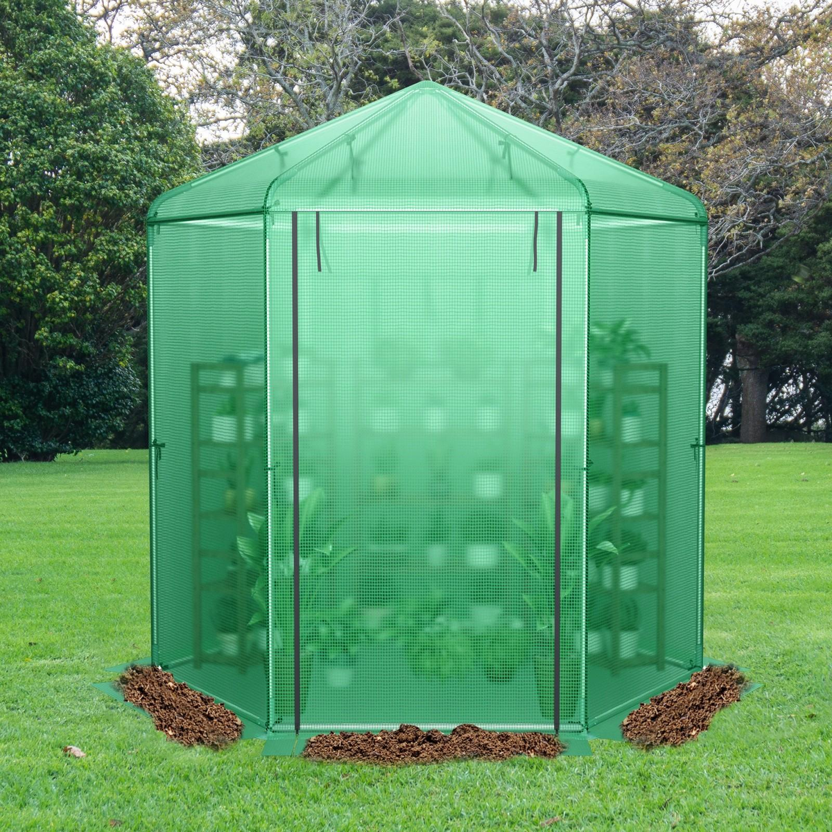 85 x 72 x 90-Inch Walk-In Greenhouse with Green Grid Cover, Roll-Up Door, Mesh Window and Six Ground Stakes — image 5